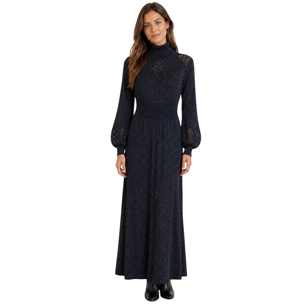 Vintage Wenjilli Metallic Knit Turtleneck Maxi Dress Navy Blue Shimmer Size 5/6